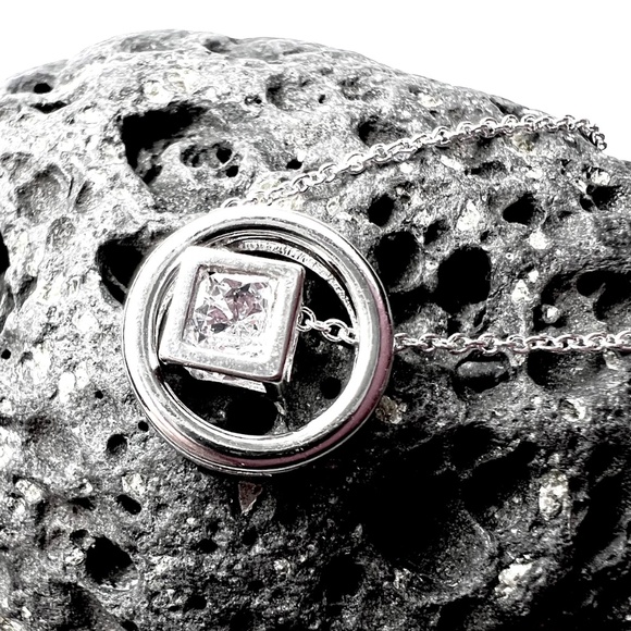 Circle Square Cage Cubic Zirconia Pendant Sterling Silver 925 , Platinum Plated - Picture 5 of 10